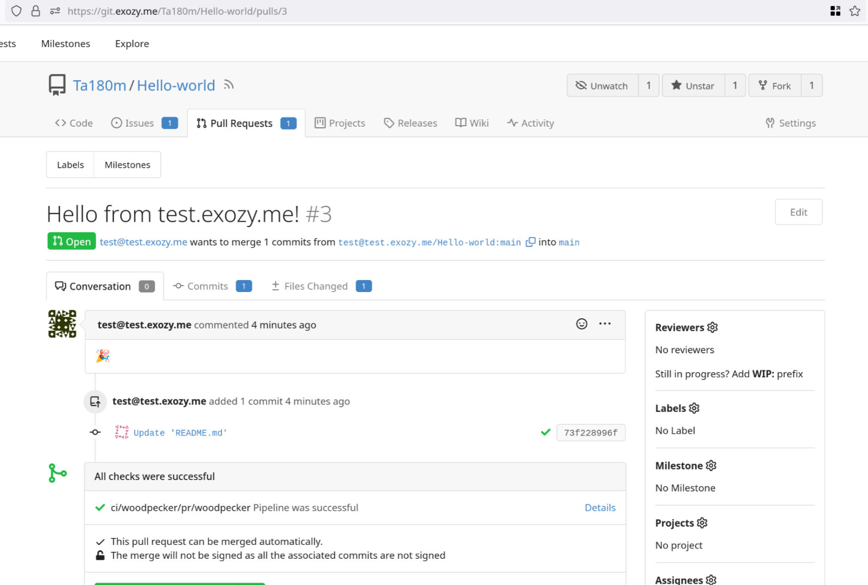 A pull request submitted on my Hello-world repository by the user test@test.exozy.me from a remote Gitea instance.